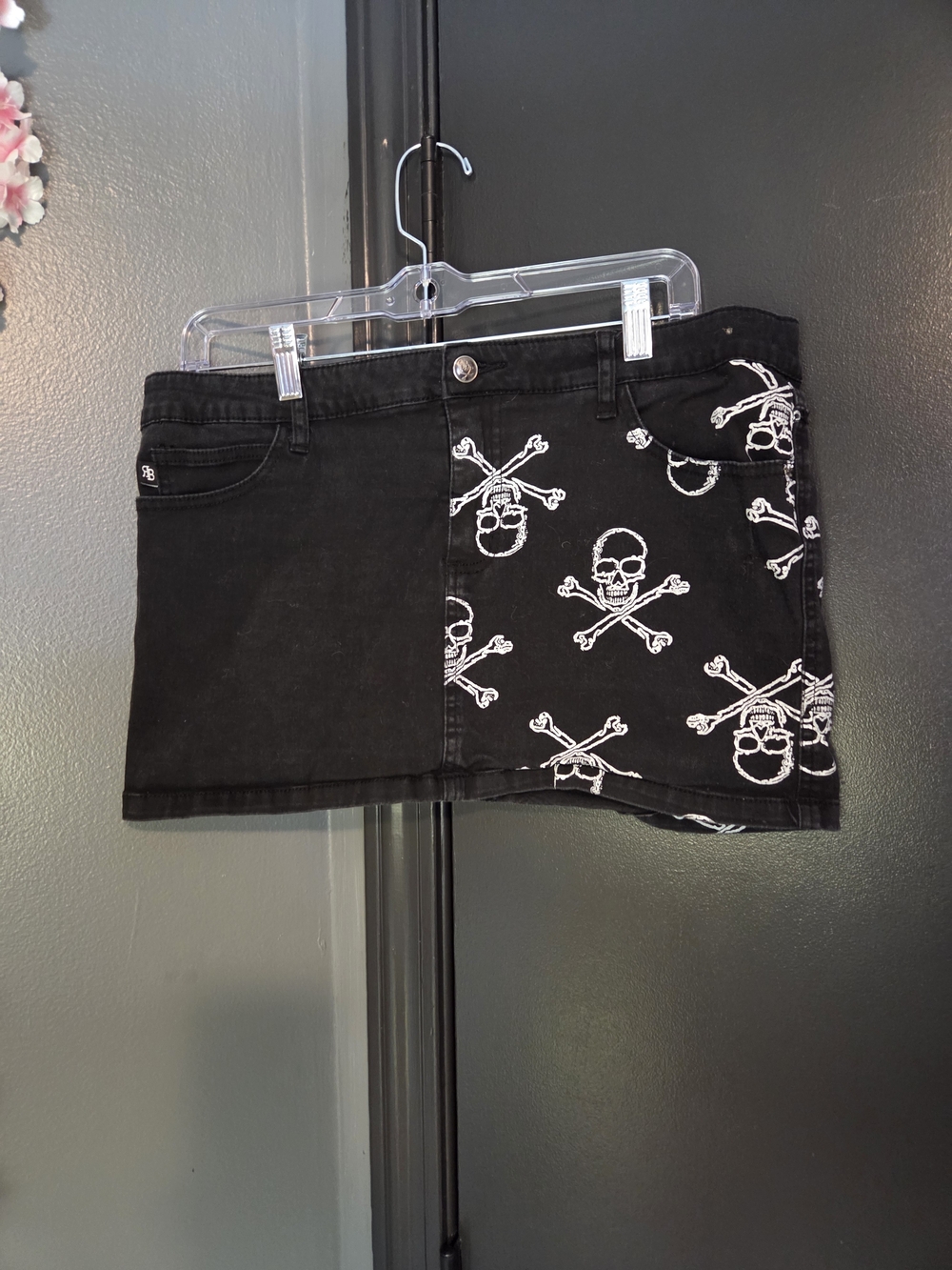 Girls' Black Skull Print Denim Mini Skirt